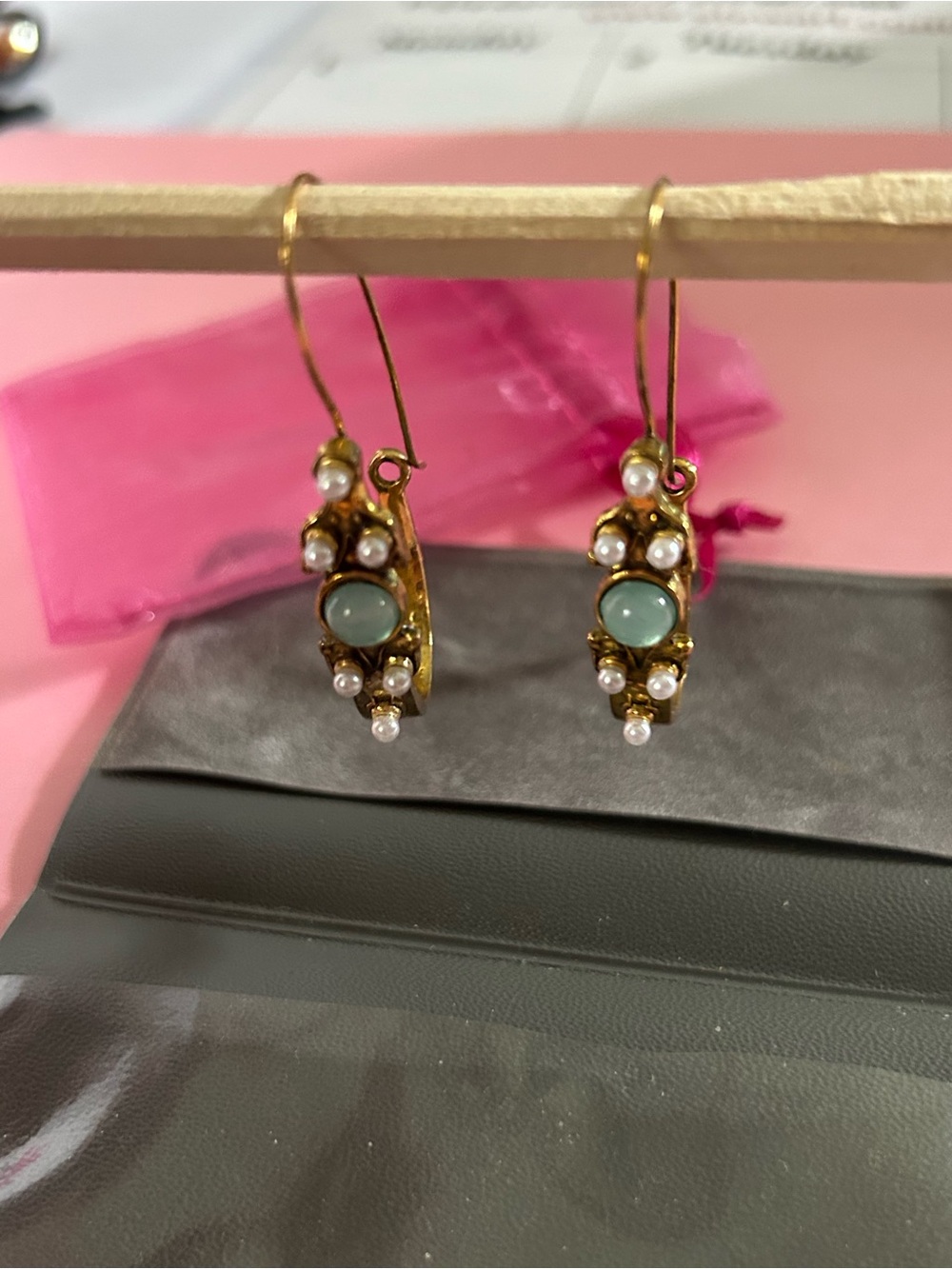 Gold-Tone Earrings with Mint Green Stones and Pearls - Picture 2 of 5